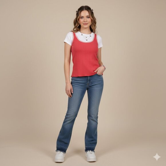 J. Crew Vintage Y2K Women's Size Small Coral Red Lace Trim Tank Top - Picture 2 of 11